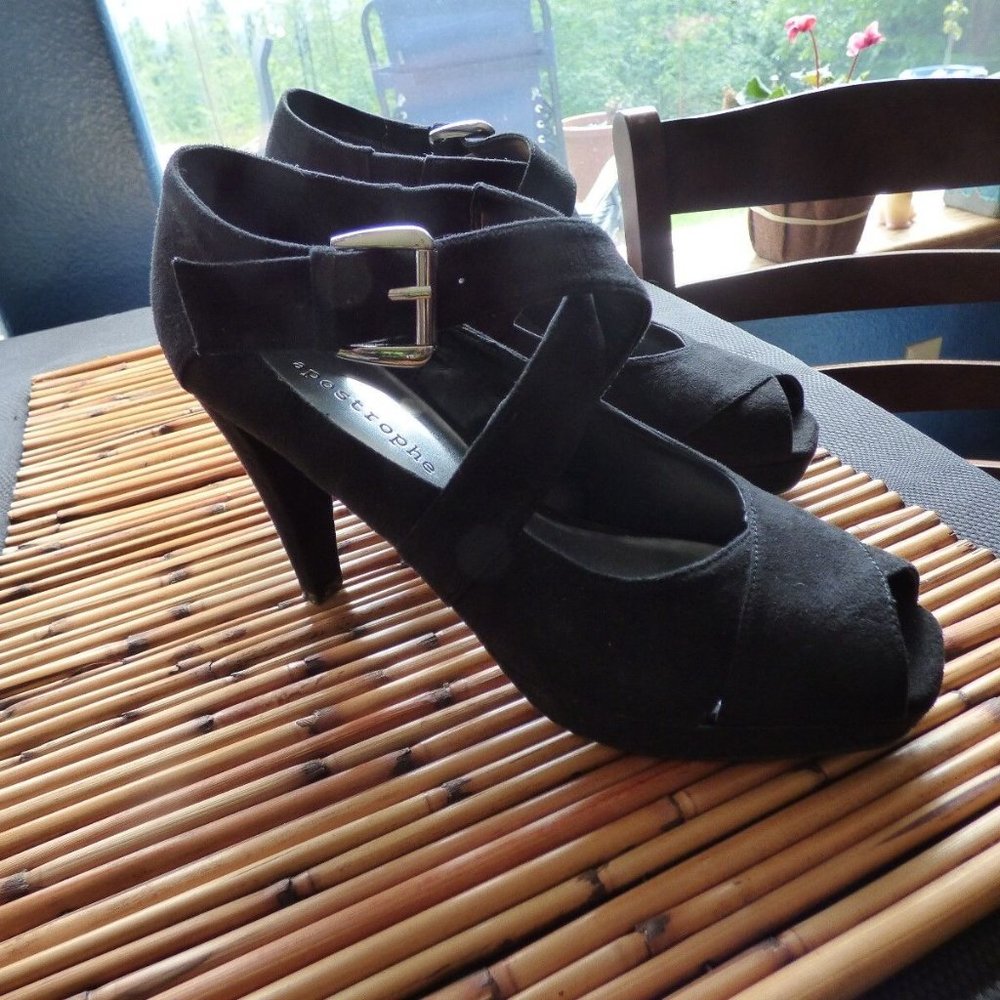 APOSTROPHE ALICIA GOTH WICCA BLACK OPEN TOE HEEL PLATFORM SHOES PEASANT 8.5 M